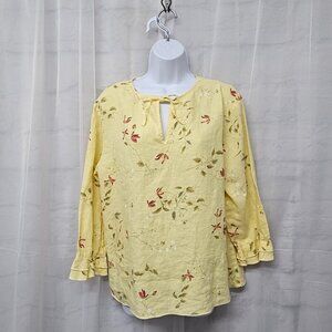 Vintage J. Marcos Yellow Floral Linen Peasant Blouse Boho Cottagecore L